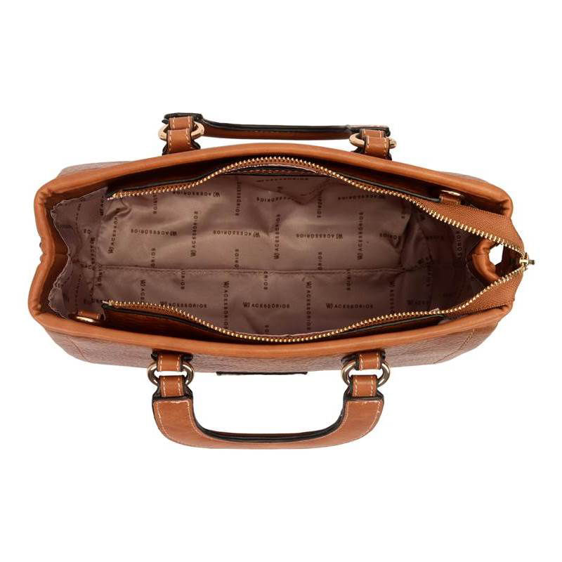 Interior da bolsa tiracolo WJ feminina caramelo com forro em tecido sintético bege